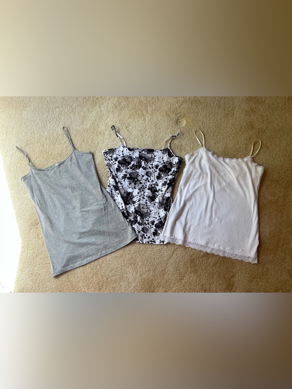 Multiples Three-Pack Tank Tops in Gray, Black & White Floral, and White